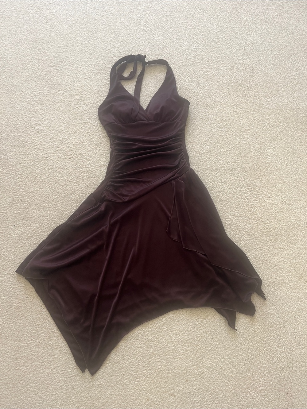 Speechless Elegant Halter Handkerchief Hem Dress in Deep Plum/Brown